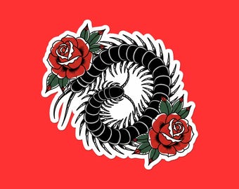 Spiral Centipede with Roses Sticker | Gothic Insect Vinyl Decal | Tattoo Style Laptop Sticker | Dark Nature Gift