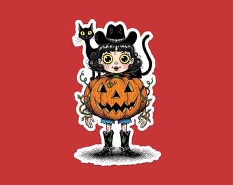 Adesivo de abóbora de Halloween com caubói e bruxa | Adesivo de vinil Jack O'Lantern com gato preto | Adesivo fofo e assustador para laptop | Outono