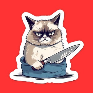 Grumpy Cat with Knife Sticker - Funny Angry Cat Sticker