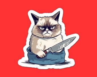 May include: A grumpy-looking cat with a knife, holding it in its paws, is peeking out of a blue bag. The cat has a white and grey fur pattern and a serious expression.