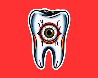 Surreal Eye-in-Tooth Sticker | Tattoo Flash Oddity Vinyl Decal | Creepy Cute Occult Tooth Art | Witchy Aesthetic