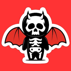 Cute Skeleton Demon Sticker, Cartoon Demon Art, Chibi Skeleton Decor, Halloween Demon Sticker, Gothic Skeleton Wings Sticker, Spooky Demon