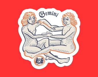 May include: A vintage style illustration of the Gemini zodiac sign. Two figures are depicted in a seated position, facing each other, with the word "Gemini" written above them.