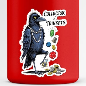 Pegatina de cuervo "Coleccionista de baratijas" / Vinilo de cuervo negro con perlas / Pegatina para portátil "Ave del tesoro" / Regalo de córvidos
