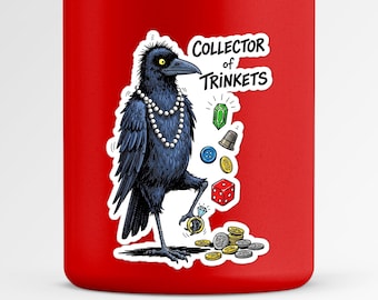 Pegatina de cuervo "Coleccionista de baratijas" / Vinilo de cuervo negro con perlas / Pegatina para portátil "Ave del tesoro" / Regalo de córvidos