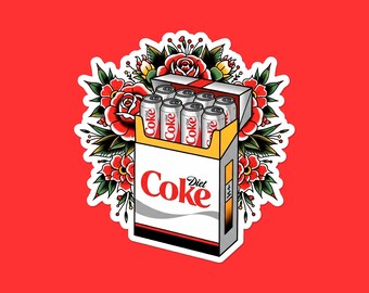 Diet Coke Addiction Sticker | Soda Tattoo Flash Art | Floral Roses Vinyl Decal | Pop Culture Beverage Design