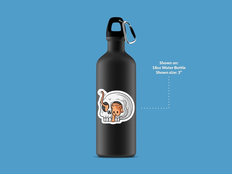 K&ouml;nnte beinhalten: Schwarze Wasserflasche mit einem wei&szlig;en Aufkleber eines Comic-Katzen, die aus einem Sch&auml;del schaut. Gezeigt auf: 18oz Wasserflasche Gezeigte Gr&ouml;&szlig;e: 3"