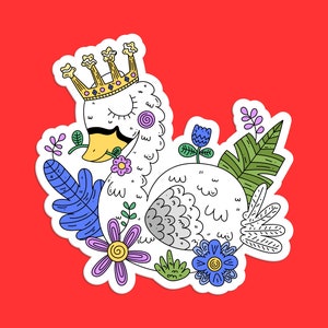 Cute Crowned Goose Sticker, Adorable Goose with Flowers, Funny Goose Lover Gift, Waterproof Sticker, Laptop Sticker, Water Bottle Decal