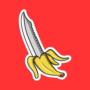 Banana Knife Sticker, Quirky Fruit Art, Funny Cartoon Decal, Unique Food Illustration, Humorous Banana, Knife Sticker, Cute Fruit Design