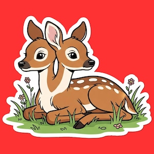 May include: A sticker featuring two cartoon fawns with brown fur and white spots, lying on green grass with small pink flowers. The fawns have large eyes and are set against a red background.
