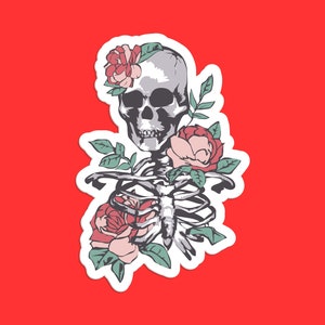 Skeleton with Roses Sticker, Floral Skeleton Art, Gothic Floral Design, Skeleton and Flowers, Unique Botanical Skull Sticker
