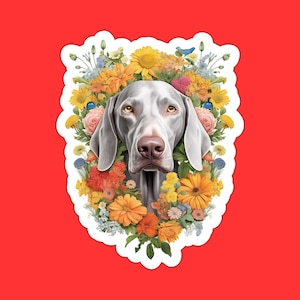 Weimaraner Dog Sticker, Weimaraner Dog, Yellow Daisies Orange Marigolds Pink Roses, Floral Dog Lover Gift