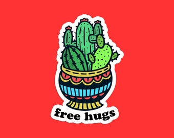 Free Hugs Cactus Sticker - Funny Plant Humor Succulent Decal