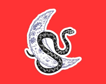 Op de afbeelding: Een zwarte slang gewikkeld rond een halve maan met een wit en blauw ontwerp. De maan heeft een getextureerd oppervlak met kraters.