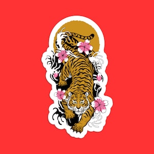 Vintage Japanese Tattoo Style Tiger, Traditional Tiger Design, Cherry Blossoms, Japanese Art, Prowling Tiger Sticker