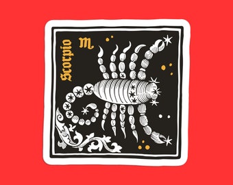 Könnte beinhalten: Schwarz-weiß-Illustration eines Skorpions mit dem Wort "Scorpio" und dem Buchstaben "m" in goldenen Buchstaben auf schwarzem Hintergrund.