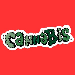 Puede incluir: Una pegatina verde y blanca con la palabra "Cannabis" escrita en una fuente estilizada. Las letras tienen forma de nubes.