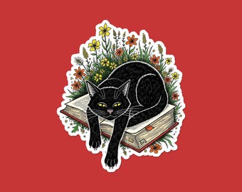Black Cat on Book Sticker | Reading Cat with Flowers Vinyl Decal | Bookish Cat Laptop Sticker | Book Lover Gift