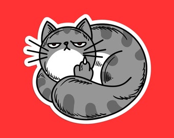 May include: A grey and white cat with a grumpy expression is curled up with its paw raised in a middle finger gesture. The cat has a white patch on its chest and is outlined in white.