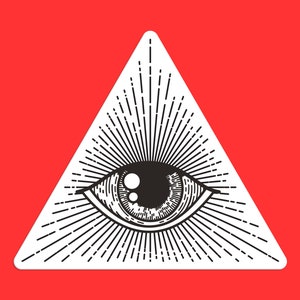 Op de afbeelding: Een zwart-witte illustratie van een oog in een driehoek met stralen licht die uit het oog komen.