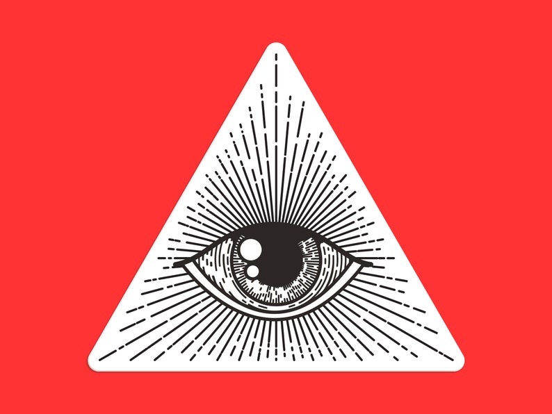 Op de afbeelding: Een zwart-witte illustratie van een oog in een driehoek met stralen licht die uit het oog komen.