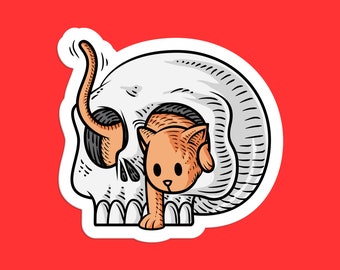 Skull and Cat Sticker - Unique Art, Halloween Decor, Edgy Design, Cat Lover Gift