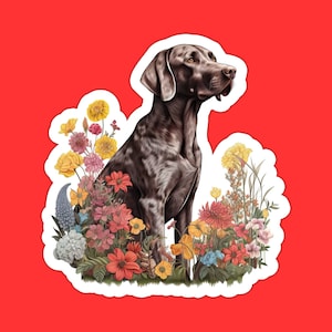 May include: A brown and white German Shorthaired Pointer dog sitting in a field of colorful flowers. The dog is looking to the right of the image.