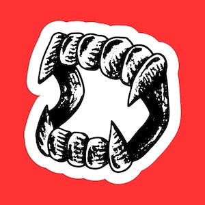 May include: Black and white illustration of a set of sharp fangs, resembling a vampire's teeth.
