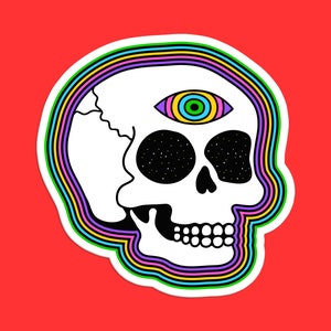Psychedelic Skull Sticker, Colorful Skull Art, One-Eyed Skull Sticker, Vibrant Skull Design, Rainbow Skull Outline, Eye-Catching Skull Art