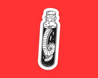Könnte beinhalten: Eine Schwarzweißillustration einer Glasflasche mit einem Korkstopfen. Die Flasche enthält einen eingerollten Wurm.