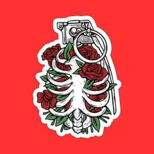 Grenade Ribcage Roses Sticker: Gothic Handmade Vinyl Decal
