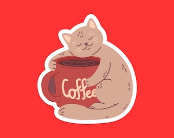 Könnte beinhalten: Eine Cartoon-Illustration einer braunen Katze, die eine rote Kaffeetasse mit dem Wort "Coffee" darauf umarmt.
