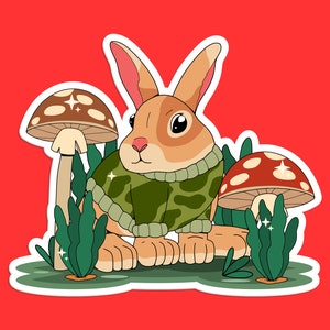 Cute Rabbit in Sweater Sticker, Whimsical Bunny and Mushrooms Decal for Laptops, Water Bottles, and Cars