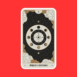 Adesivo de carta de tarô da roda da fortuna, design de tarô místico, destino e destino, adesivo oculto espiritual