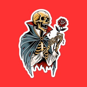 May include: A sticker featuring a skeleton in a cape holding a red rose. The skeleton has a skull with a yellow hue, a black cape with blue accents, and is set against a red background.