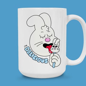 Taza divertida de conejo, taza de café con dibujo de conejo "I'm Delicious", lindo y caprichoso diseño de animal, regalo para amantes de los conejos, 12 oz o 15 oz
