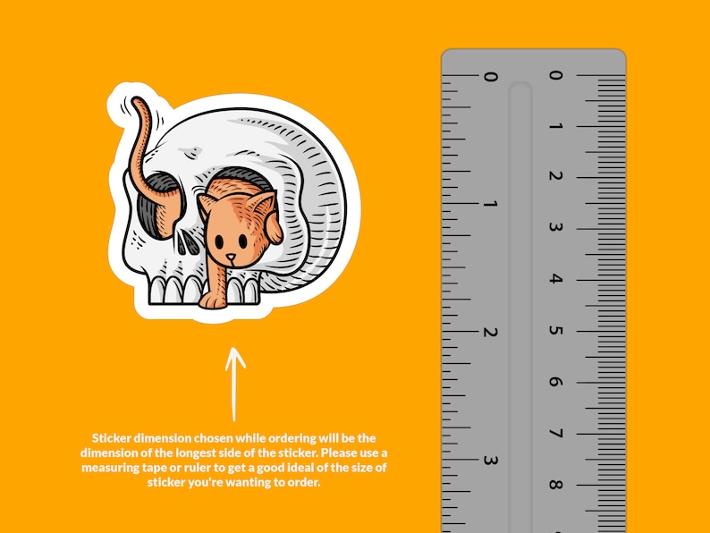 K&ouml;nnte beinhalten: Ein wei&szlig;er Totenkopf-Aufkleber mit einer kleinen orangefarbenen Katze, die aus der Augenh&ouml;hle schaut. Der Aufkleber wird neben einem Lineal gezeigt, um die Gr&ouml;&szlig;e zu veranschaulichen. Die beim Bestellen gew&auml;hlte Aufkleberdimension entspricht der Dimension der l&auml;ngsten Seite des Aufklebers. Bitte verwenden Sie ein Ma&szlig;band oder ein Lineal, um eine gute Vorstellung von der Gr&ouml;&szlig;e des Aufklebers zu bekommen, den Sie bestellen m&ouml;chten.