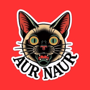 May include: A sticker featuring a black cat with green eyes, a pink nose, and an open mouth, set against a red background. The text "AUR NAUR" is written in a white, stylized font below the cat's head.