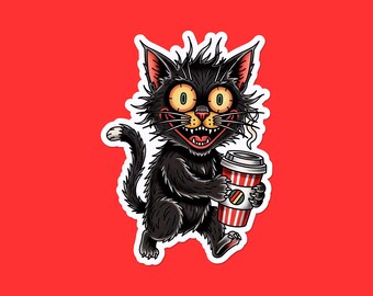 Sticker van de kat van de koffie met cafeïne | Wilde zwarte kat met beker | Grappige vinyl sticker espresso | Cafeïne-meme