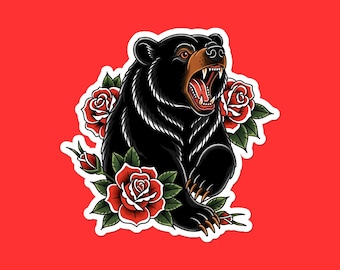 Black Bear with Roses Sticker | Tattoo Style Vinyl Decal | Roaring Bear Laptop Sticker | Wilderness Art Gift