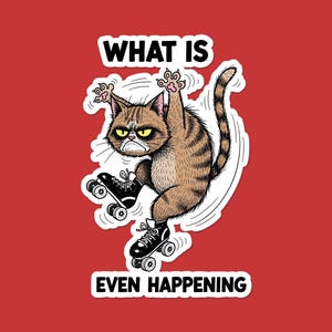 What Is Even Happening Cat Sticker | Funny Roller Skating Cat Vinyl Decal | Confused Feline Laptop Sticker | Meme Gift