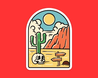 May include: A sticker design featuring a desert landscape with a cactus growing out of a skull, a mountain range, a sun, clouds, and a wooden signpost with two arrows.