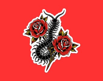 Centipede with Roses Sticker | Gothic Insect Vinyl Decal | Tattoo Style Laptop Sticker | Dark Nature Gift