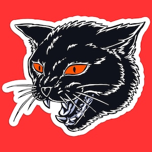 ゴシック黒猫ステッカー、凶暴な猫のデカール、ハロウィン猫、不気味な猫のデザイン、怒った猫のステッカー、ゴシックアート