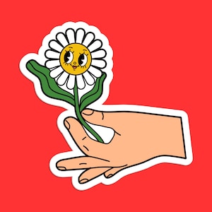 Cartoon Daisy Sticker, Cute Retro Flower in Hand Decal for Laptops, Water Bottles, and Cars