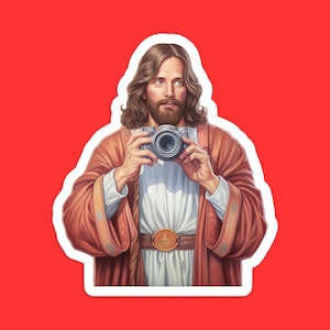 Jesus with Camera Sticker, Funny Religious Humor, Quirky Novelty Art, Unique Modern Design