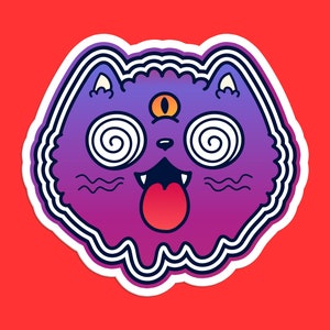 Pegatina de gato trippy, gato psicodélico, cara de gato hipnotizado, gato de tercer ojo, gato de ojos en espiral, pegatina de gato de dibujos animados, diseño de gato aturdido
