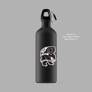 May include: Black 18oz water bottle with a black carabiner clip. The bottle features a sticker with a bear illustration and the text "CAN I PET THAT DOG?". The sticker is approximately 3 inches in size.