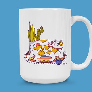 Taza de gato de dibujos animados, linda taza de café colorida, diseño de animal caprichoso, regalo divertido para amantes de los gatos, 12 oz o 15 oz
