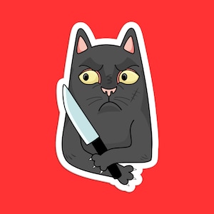 Katze mit Messer Aufkleber, lustige Katzenkunst, schrullig Tier Aufkleber, humorvolle Katze Cartoon, einzigartiges Katzendesign, Messer Aufkleber, süße Katzen Illustration